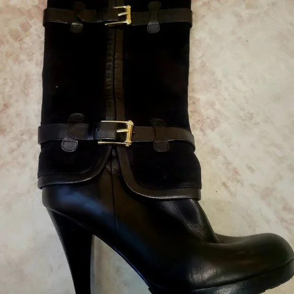 Cole Haan Black Heeled Boots "Kennedy" Leather & Suede - Picture 2 of 6